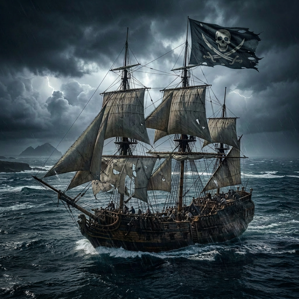 Wooden pirate ship with sails unfurled and Jolly Roger flag sailing on ocean